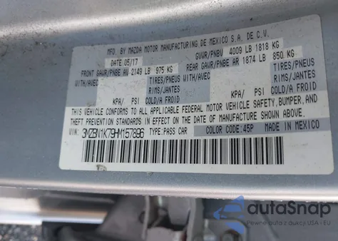 2017 Mazda 3 Sport из США, поврежденный, VIN 3MZBN1K79HM157896